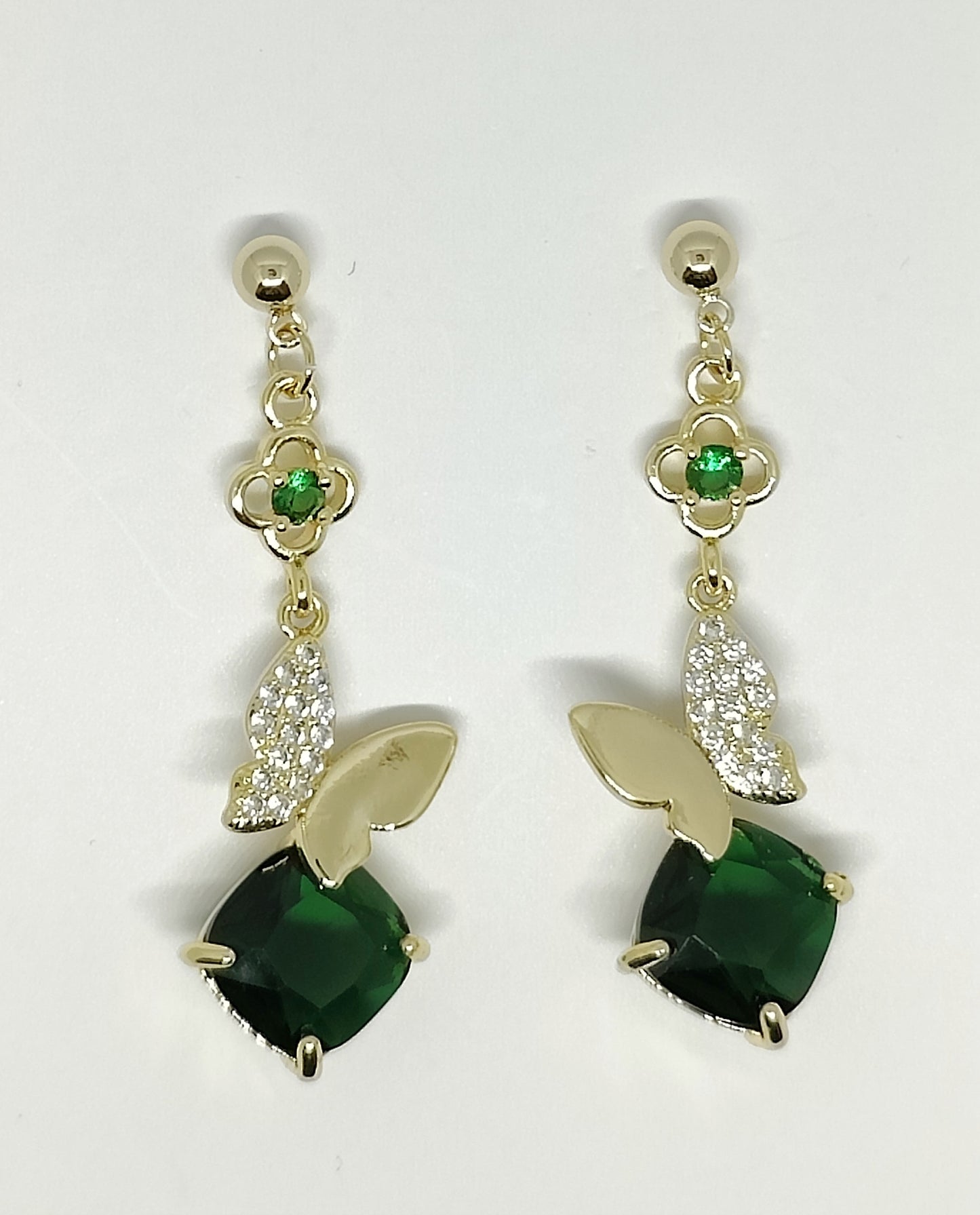 Butterfly and Square Green Zircon Pendants with Four Leaf Clover Stud Earrings