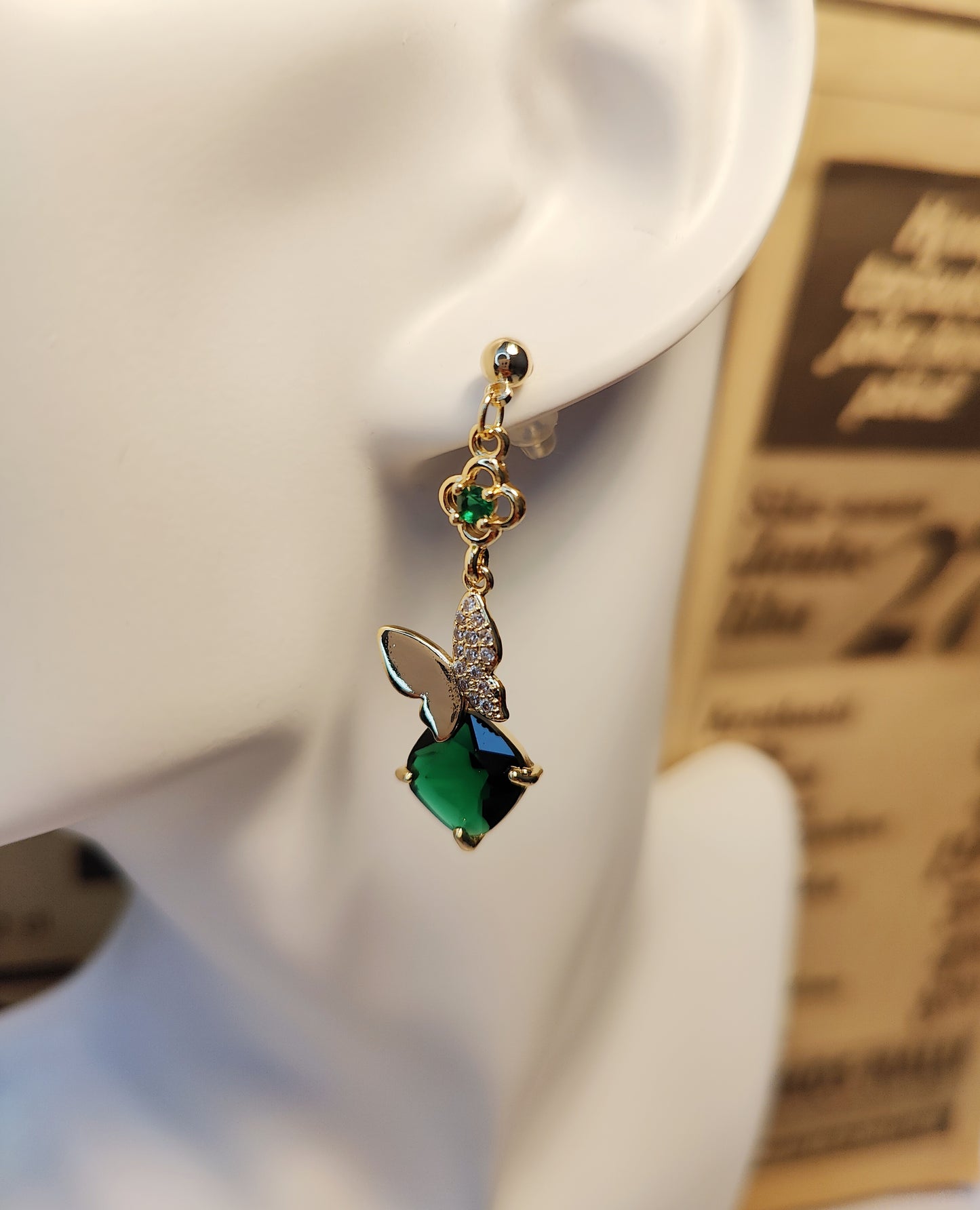 Butterfly and Square Green Zircon Pendants with Four Leaf Clover Stud Earrings