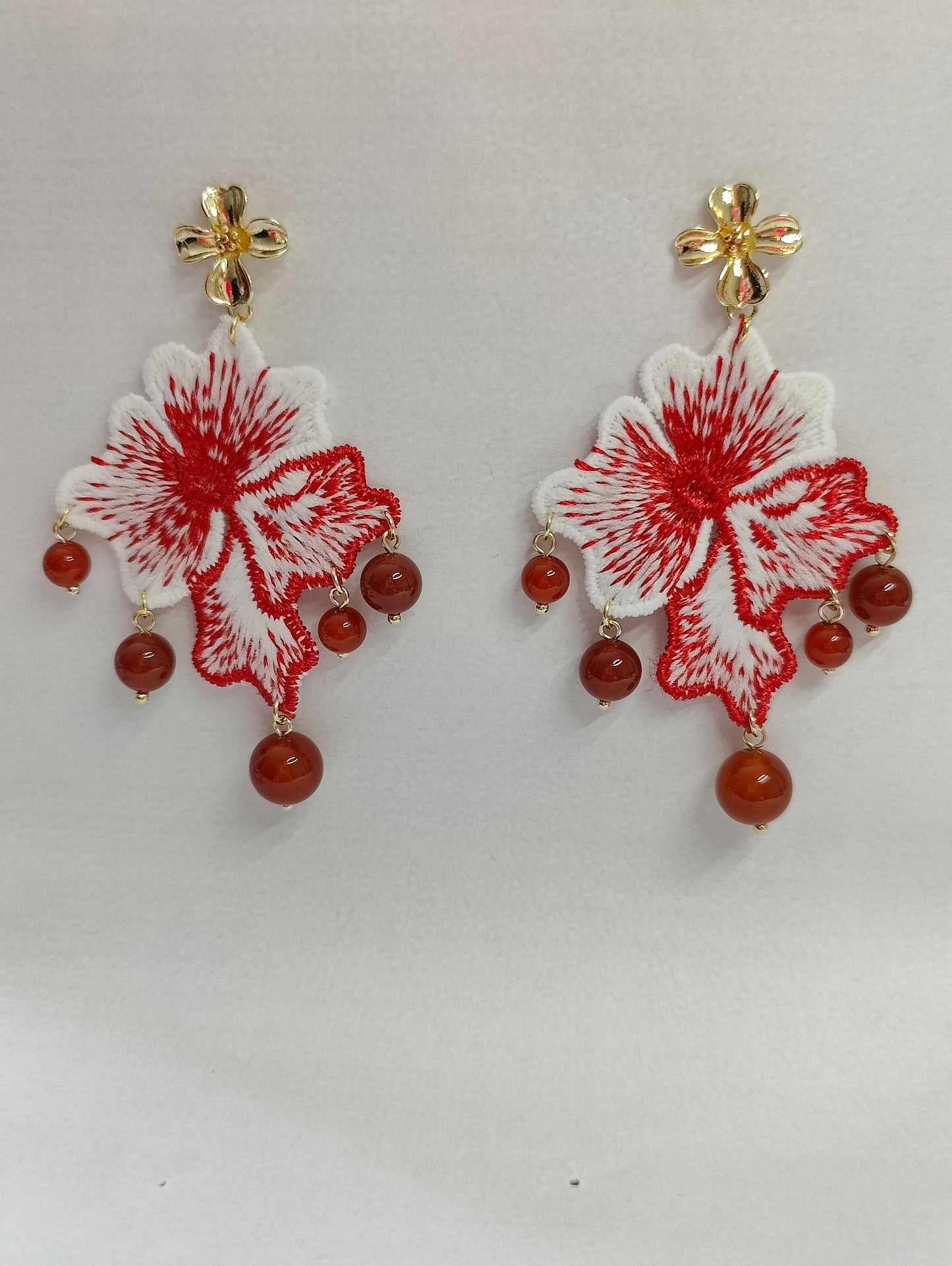 Embroidered Camellia and Red-Agate Bead Earrings