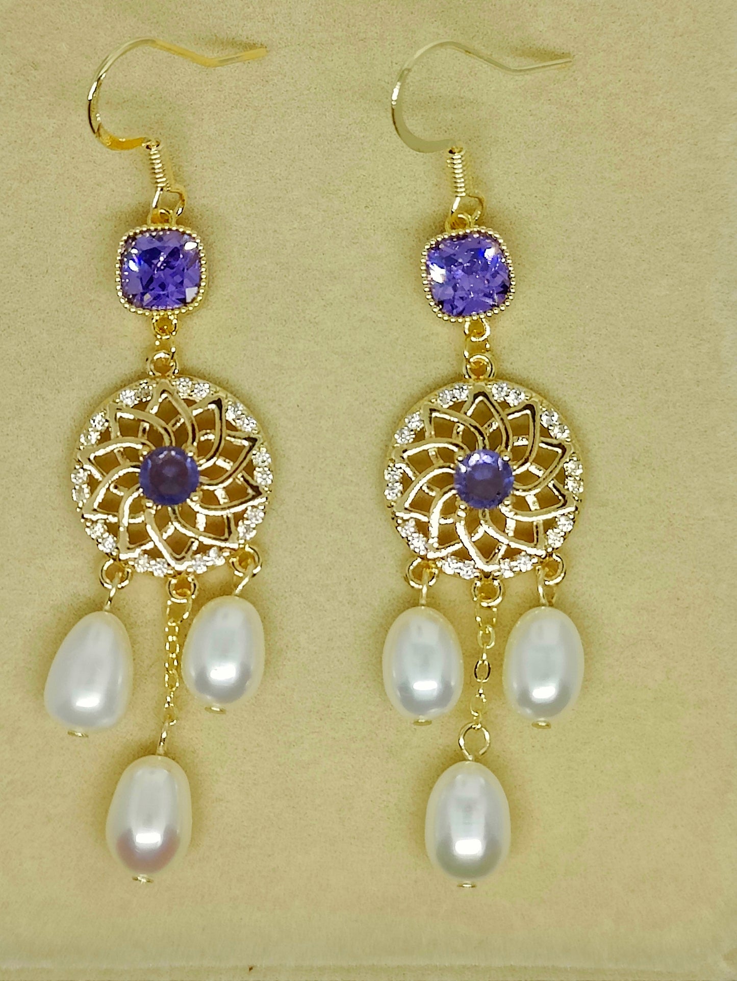 Purple Square Zirconia and Three Freshwater Pearl Earrings