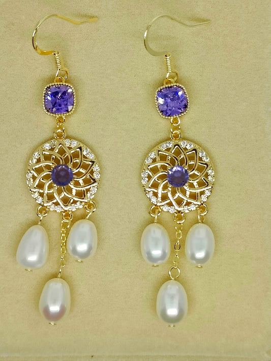 Purple Square Zirconia and Three Freshwater Pearl Earrings