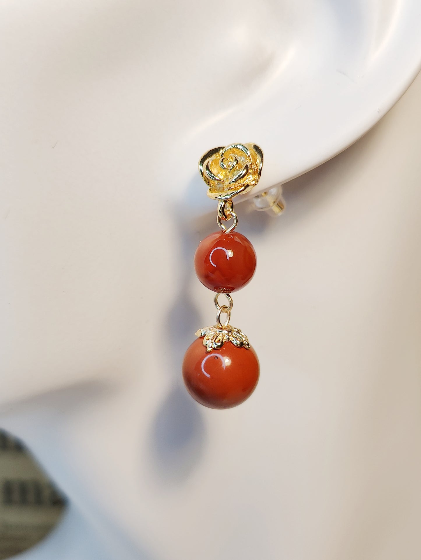 Double Red Stone Beads Elegant Rose Shape Stud Earrings