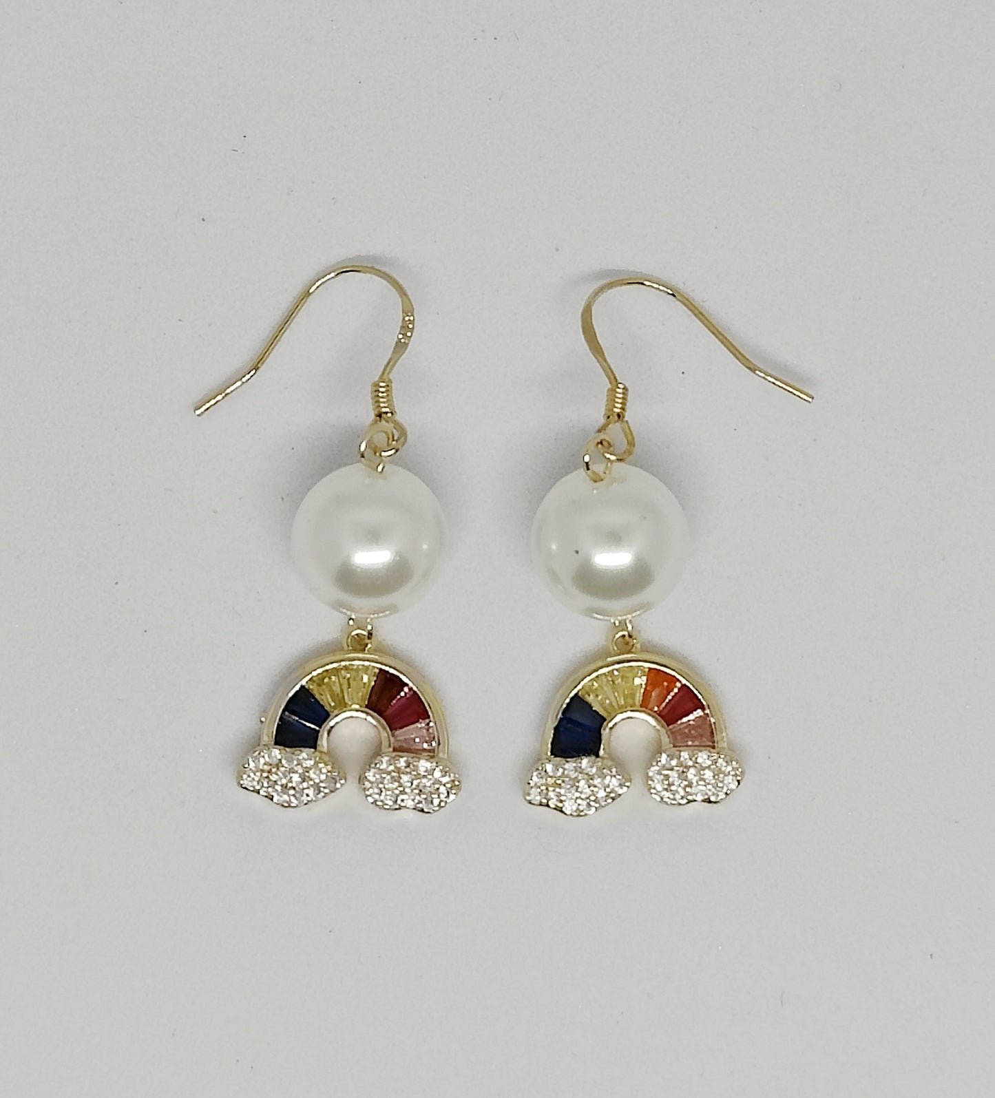 Shell-Pearl and Zirconia Rainbow Pendant Earrings