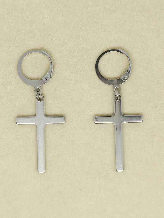 Round Ear Hooks with Thin Cross Pendant