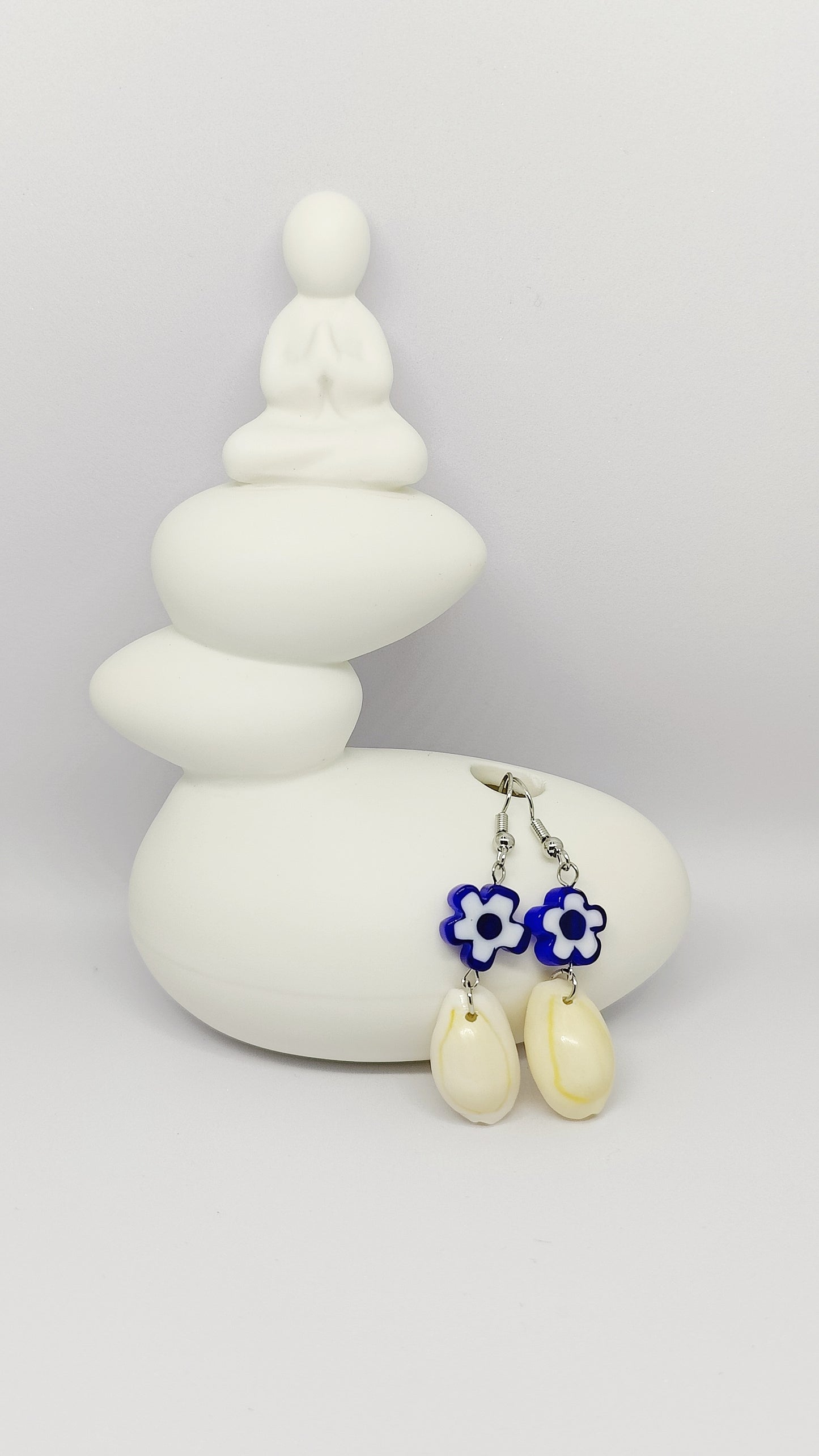 Azure Bloom Glass Flower Bead and Shell Earrings