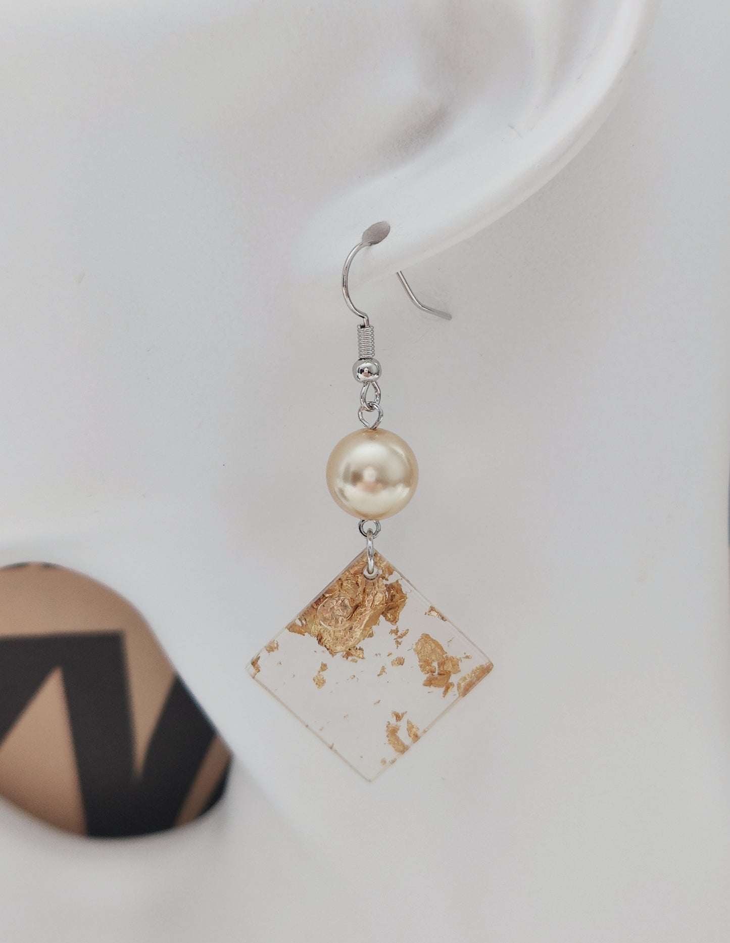 Gold Foil Square Pendant Pearl Earrings