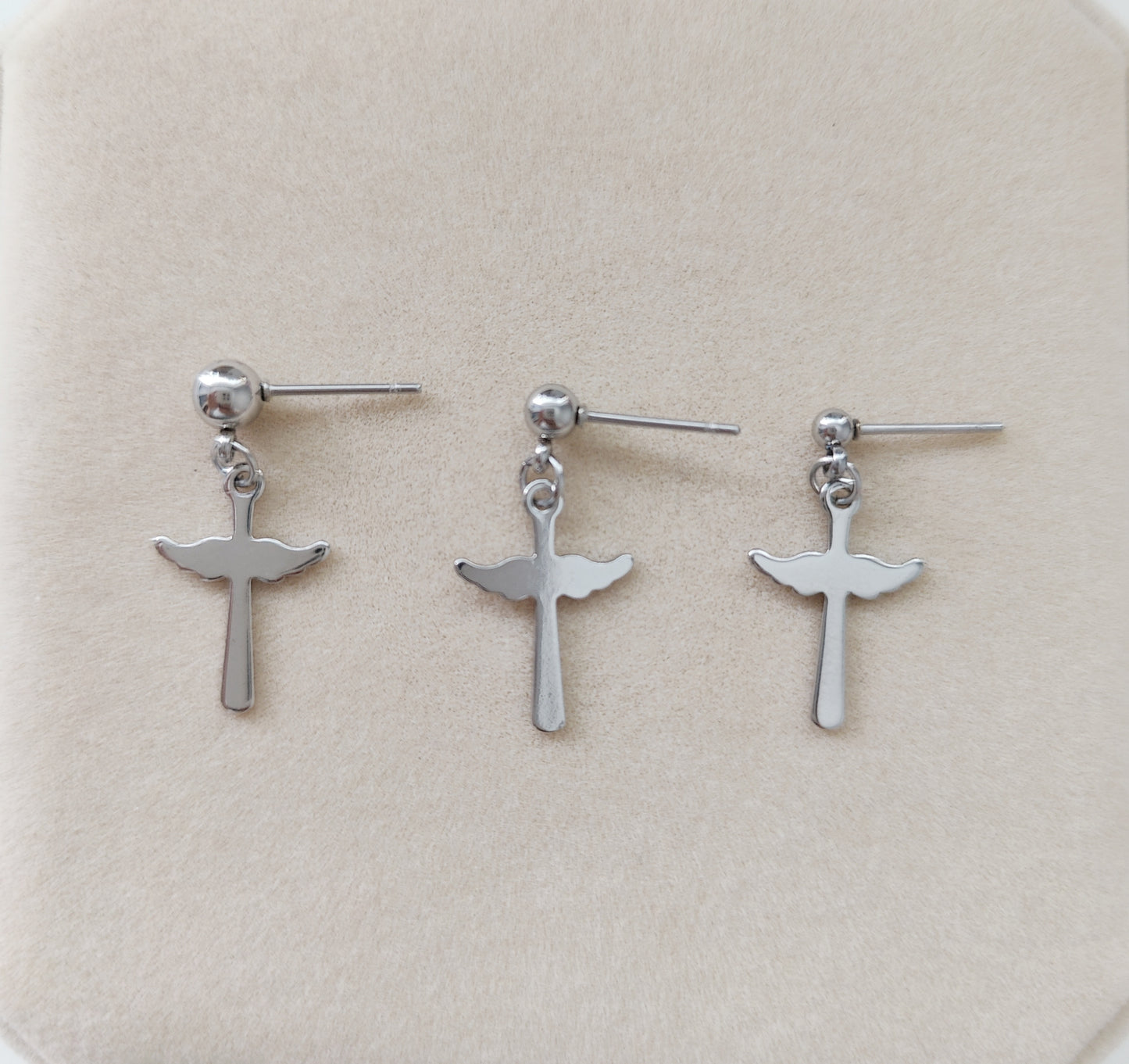 Ball Stud Earrings with Wing-Shaped Cross Pendants(Medium)