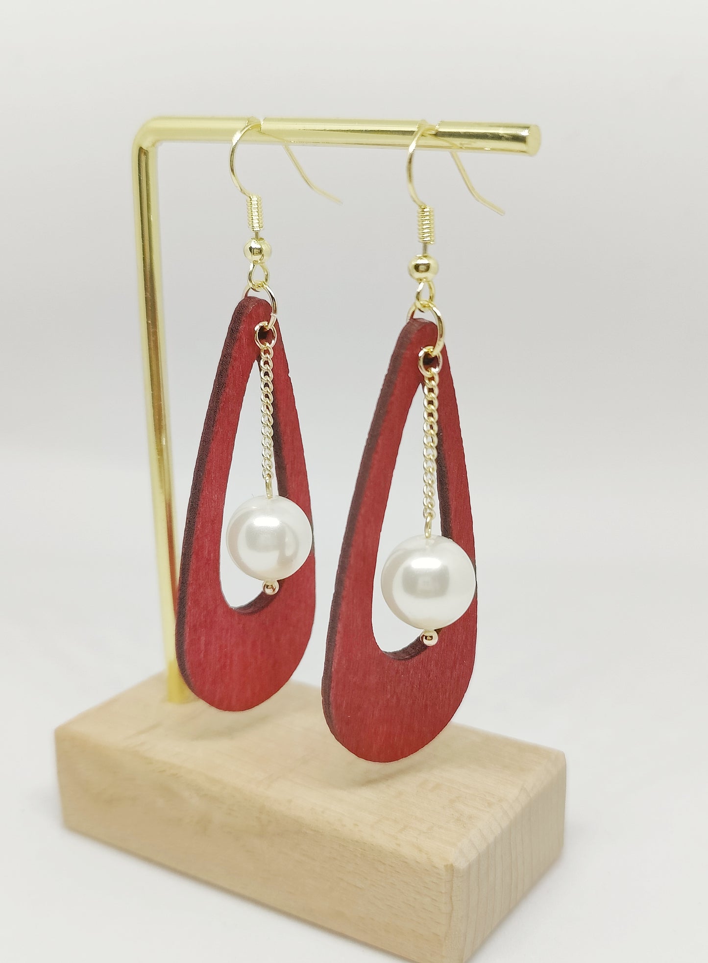 Elegant Shell-Pearl on Chain and Wooden Drop-Shape Pendant Earrings