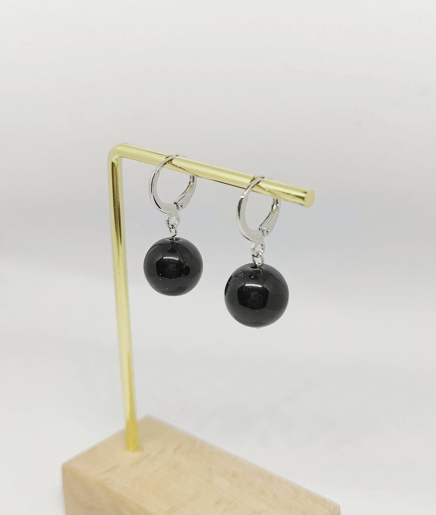 Single Obsidian Bead Earring with Clasp (White-Gold-Color)