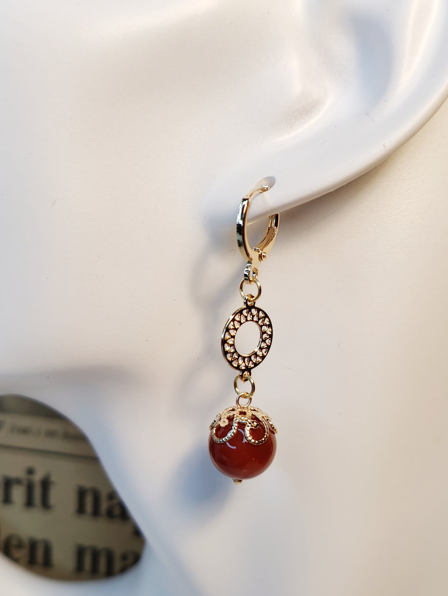 Hoop Ear Hooks with Round Pendants and Red Stone Bead Accents