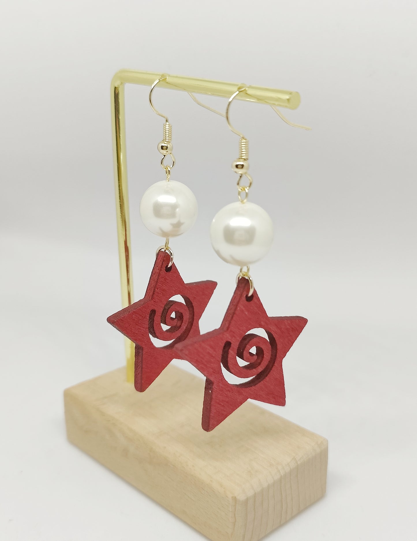 Radiant Shell-Pearl and Red Hollow Star Earrings