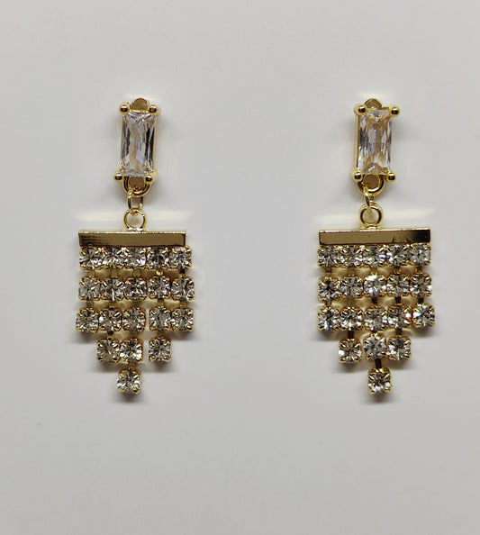 Rectangular Zircon Stud Earrings with Hanging Square Zircon Tassel Chain