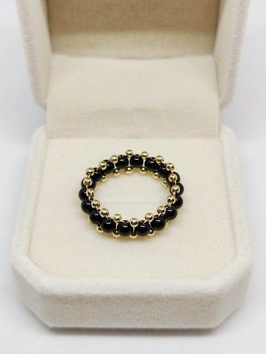 Obsidian and Gold-Plated Copper Beads Braided Ring (Customized)