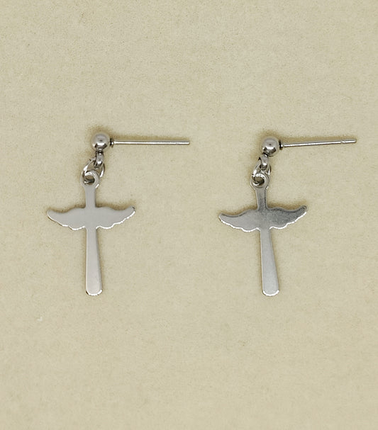 Ball Stud Earrings with Wing-Shaped Cross Pendants(Small)