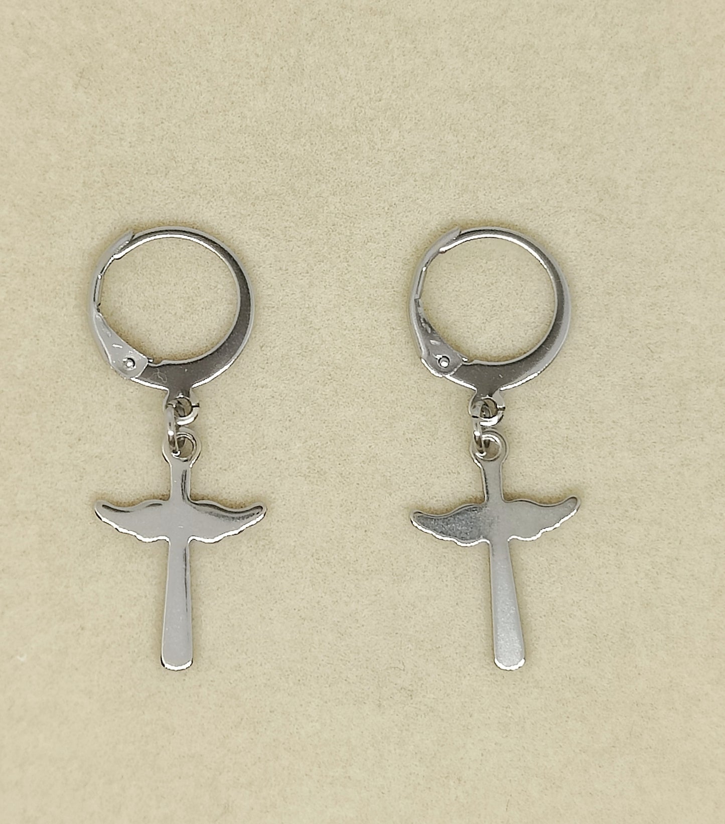 Round Ear Hooks with Wing-Shaped Cross Pendants