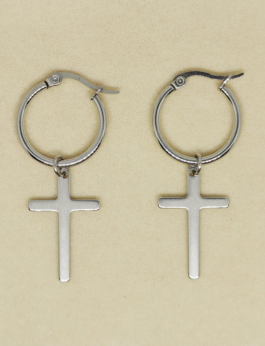 Bold Round Earrings with Delicate Cross Pendant