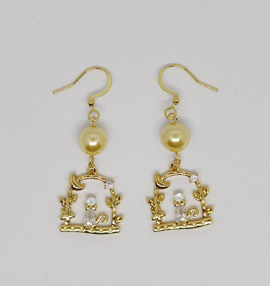 Golden Glass Pearl and Playful Swinging Kitten Pendant Earrings