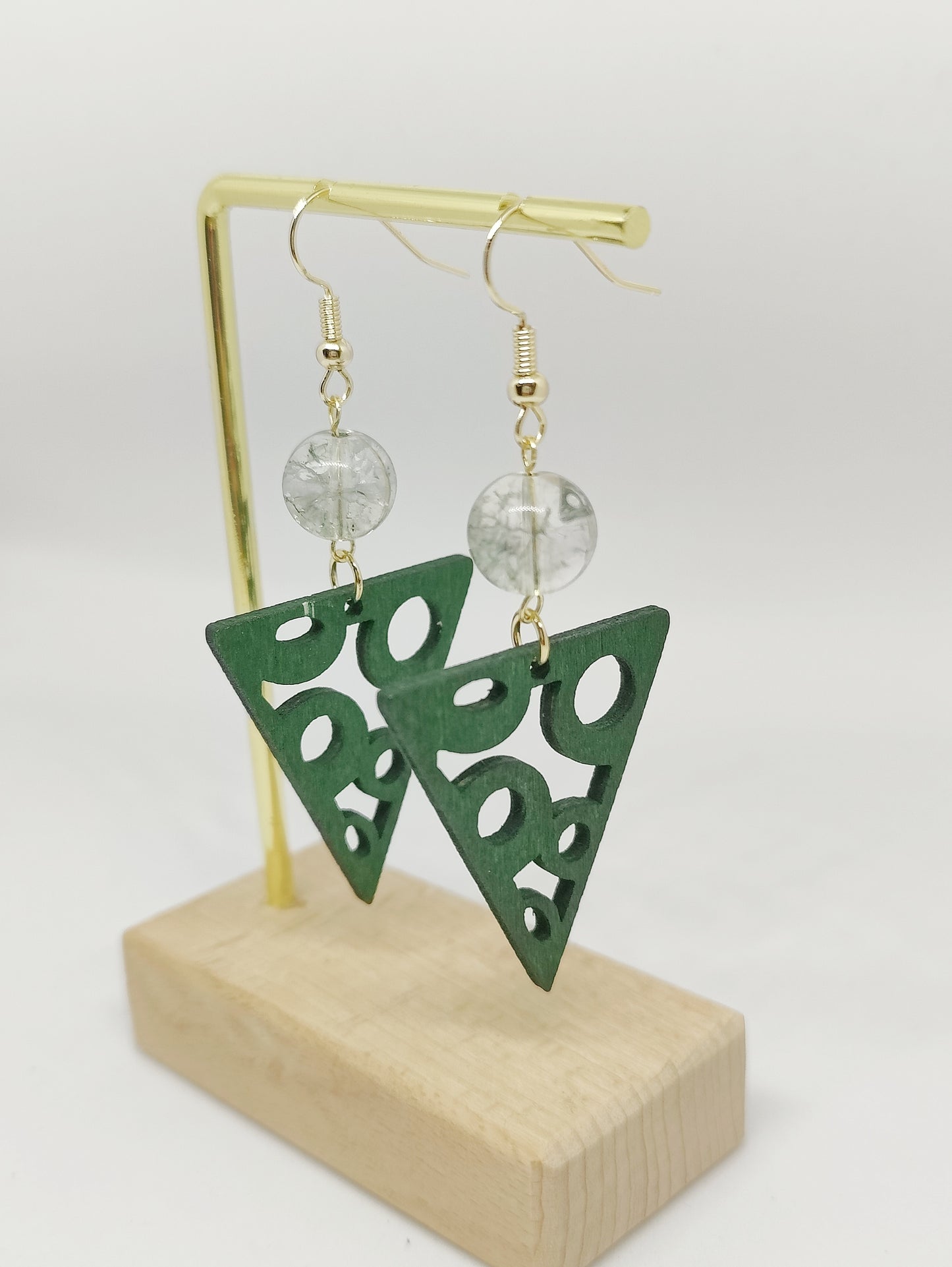 Elegant Green Rutilated Quartz Beads and Wooden Triangle Earrings