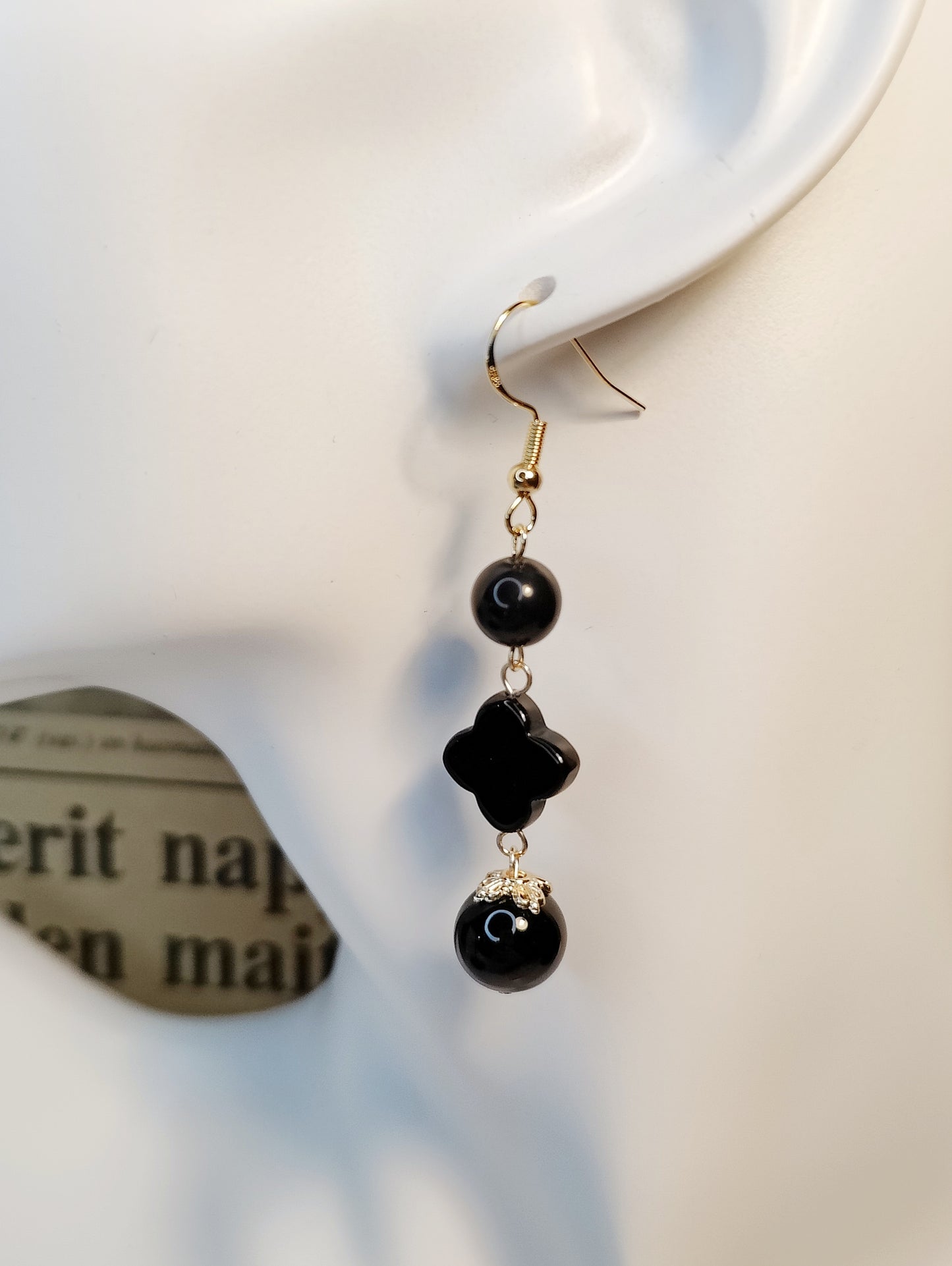 Obsidian Earrings: Two Beads and Four-Leaf Clover