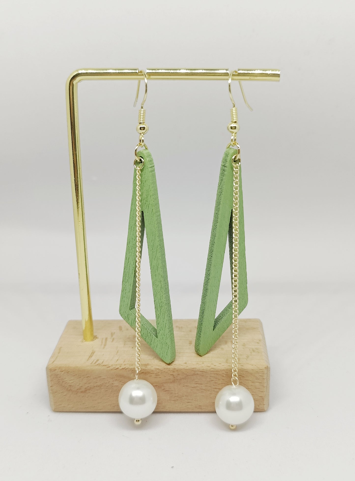 Contemporary Wooden Triangle and Chain with Shell-Pearl Earrings (Green)