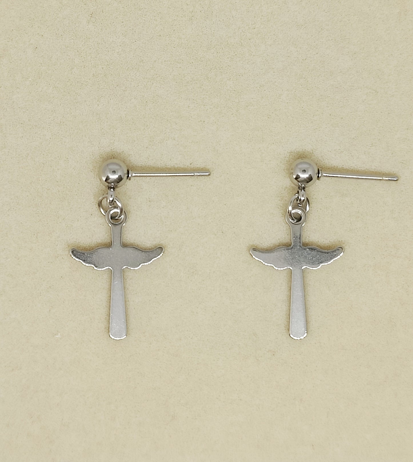 Ball Stud Earrings with Wing-Shaped Cross Pendants(Medium)