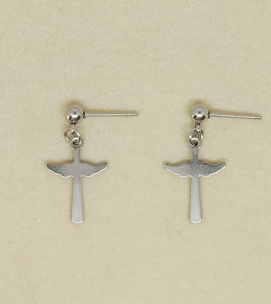 Ball Stud Earrings with Wing-Shaped Cross Pendants(Medium)