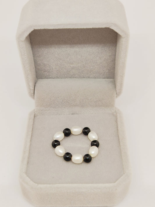 Freshwater Pearl and Obsidian Ring