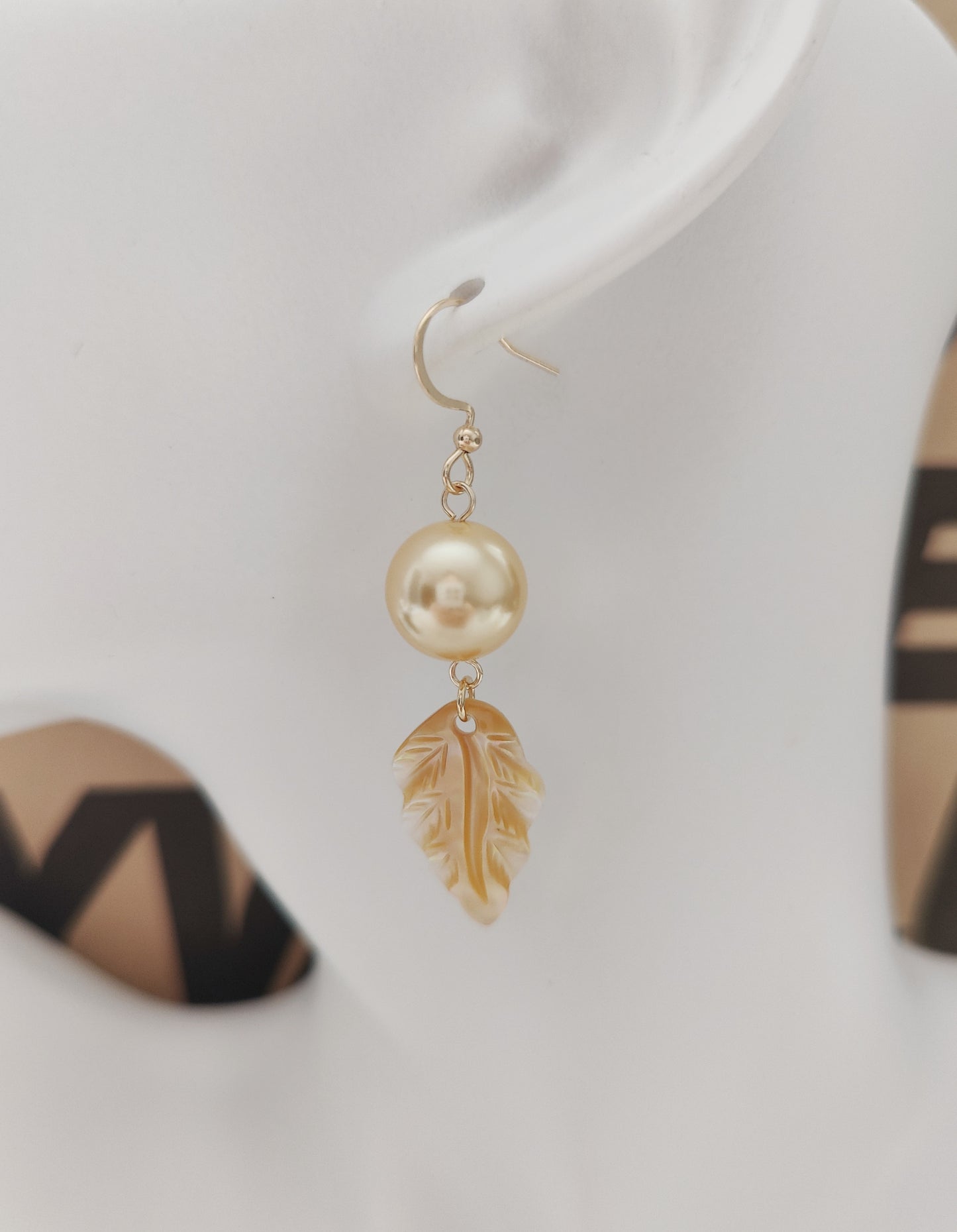 Gold-Color Glass-Pearl with Long Leaf-Shaped Shell Pendant Earrings