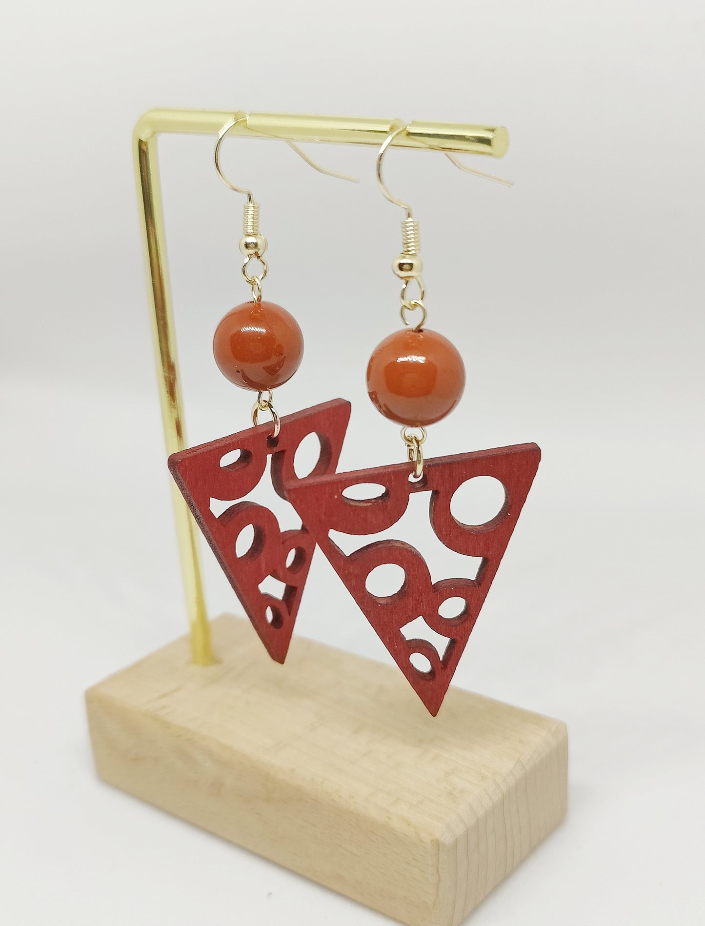 Stunning Red Stone Beads and Wooden Triangle Earrings