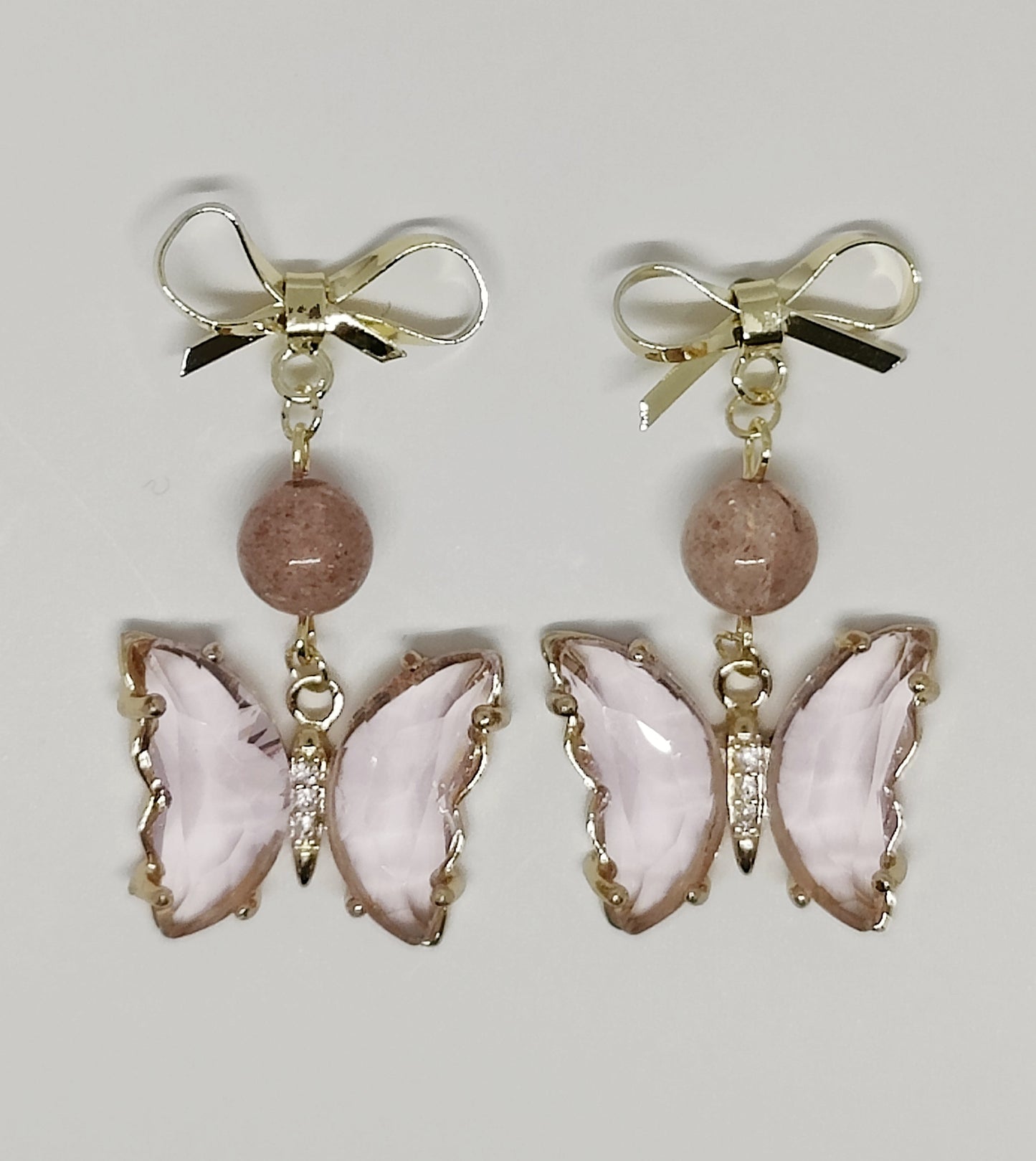 Pink Crystal Bead and Pink Zircon Butterfly Bow Stud Earrings