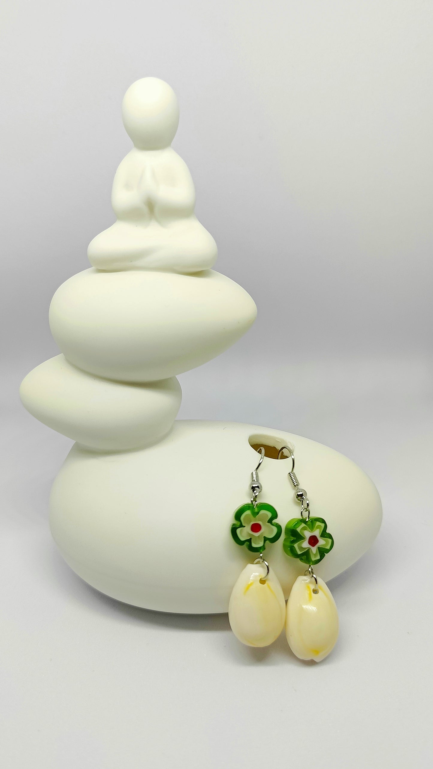 Green Glass Flower Bead and Shell Earrings