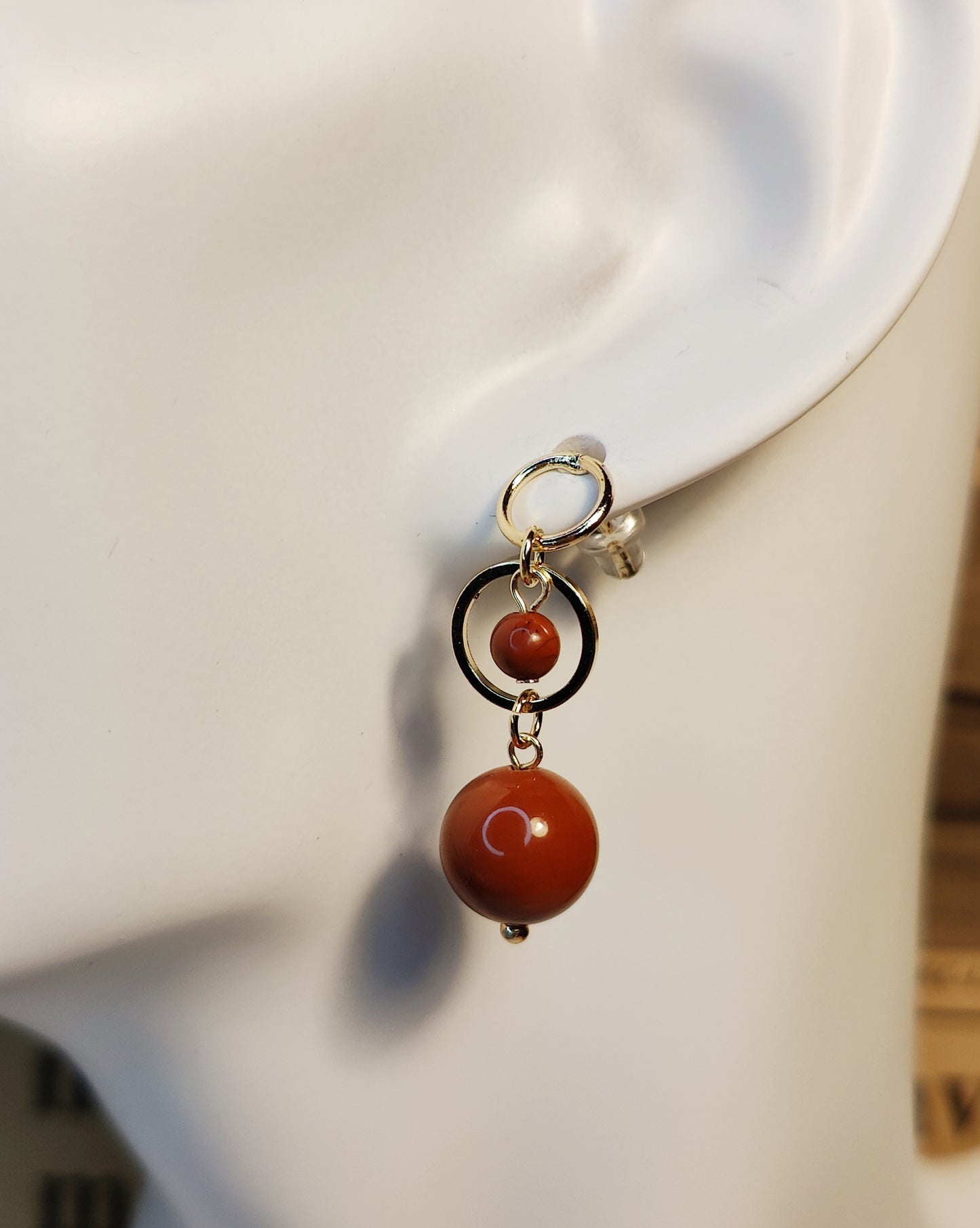 Red Stone Bead and Metal Circle Earrings