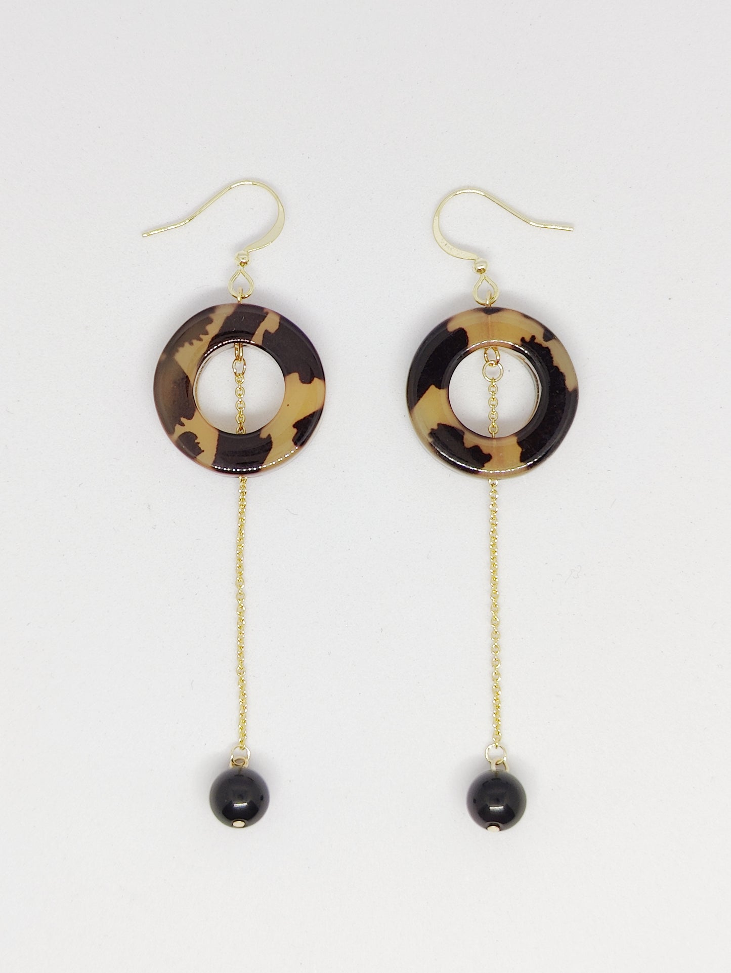 Leopard Print Gold Chain Obsidian Earrings