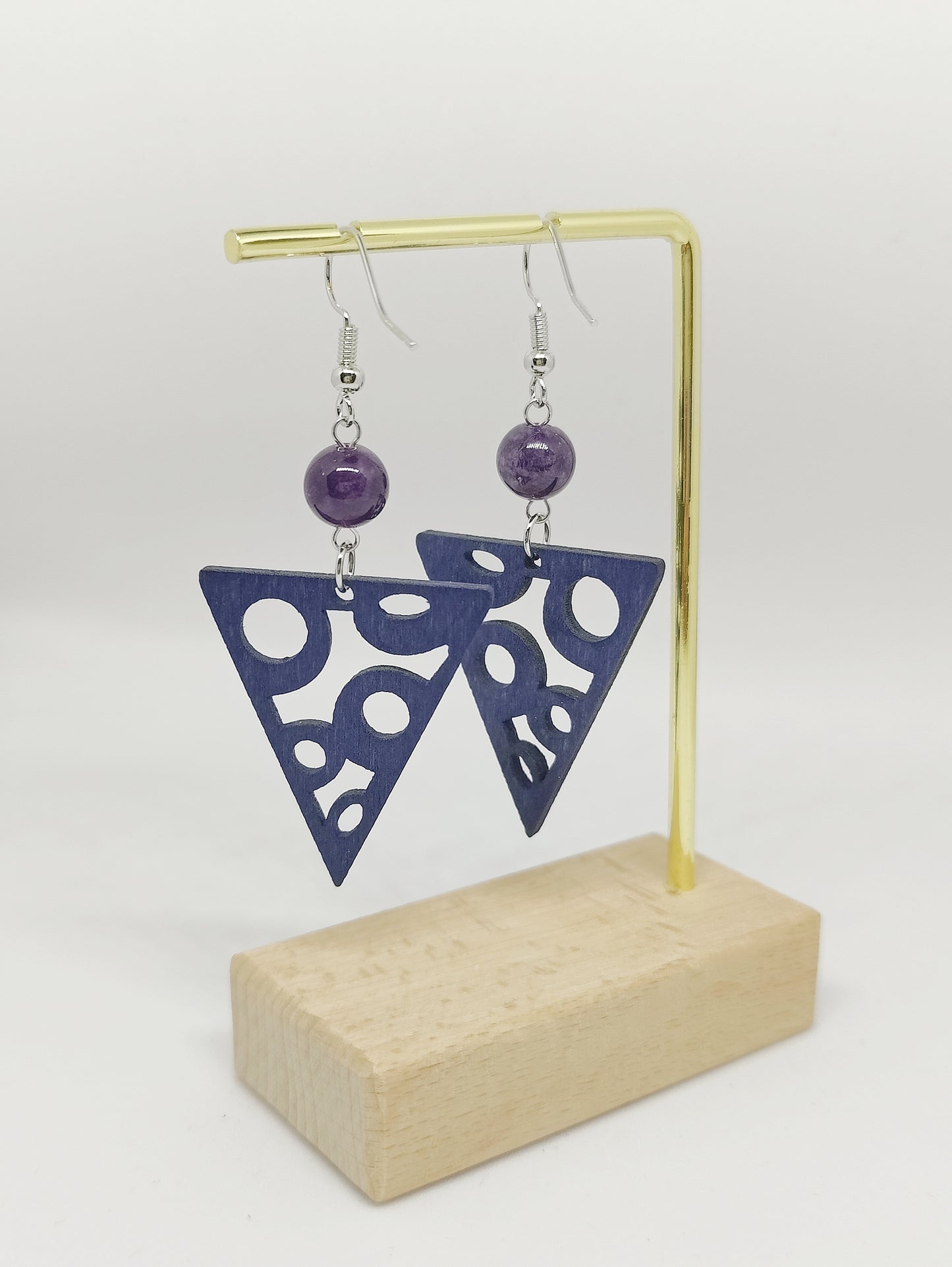 Enchanting Amethyst Beads and Wooden Hollow Triangle Earrings