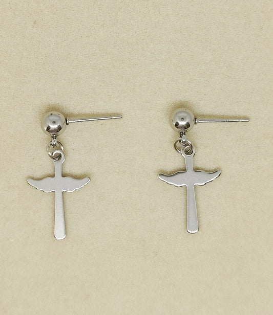 Ball Stud Earrings with Wing-Shaped Cross Pendants(Large)