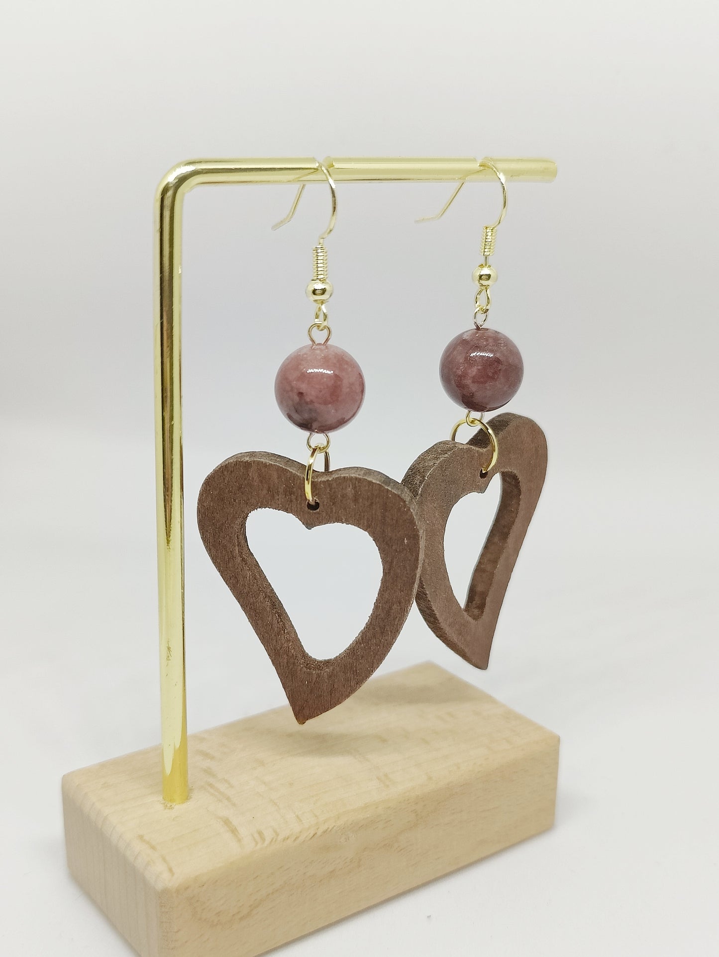 Elegant Stone Bead and Wooden Hollow Heart Pendant Earrings