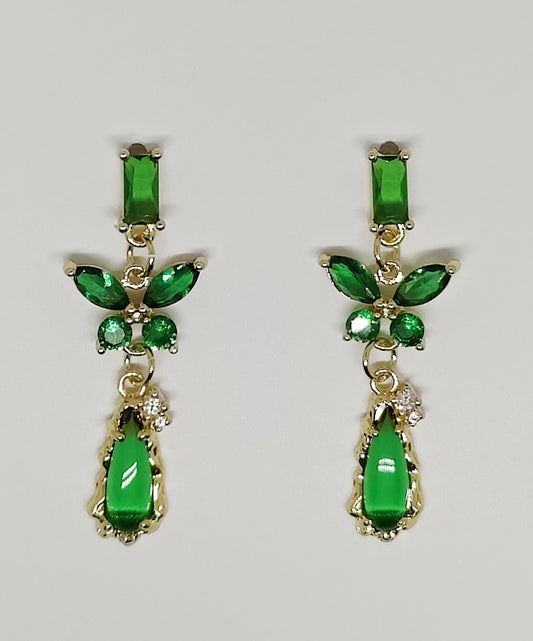 Butterfly and Water-Drop-Shaped Pendant Stud Earrings Adorned with Green Zircons