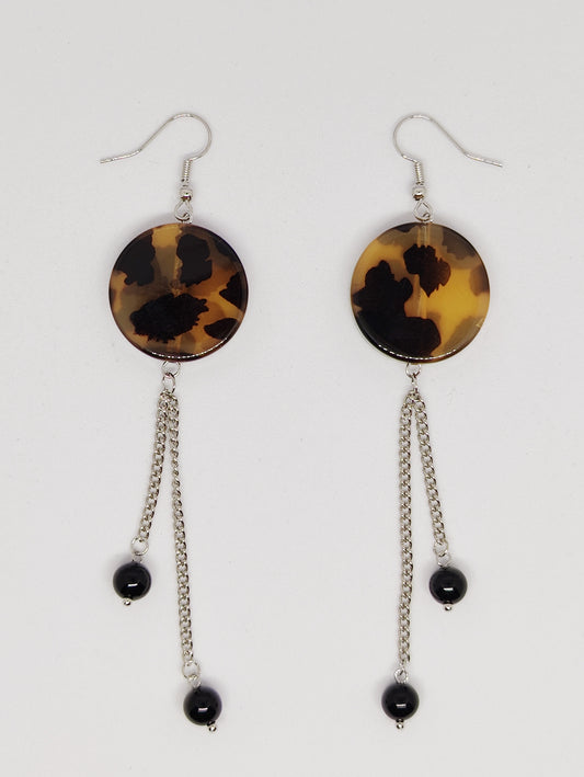 Leopard Round Pendant Double Chain Obsidian Earrings