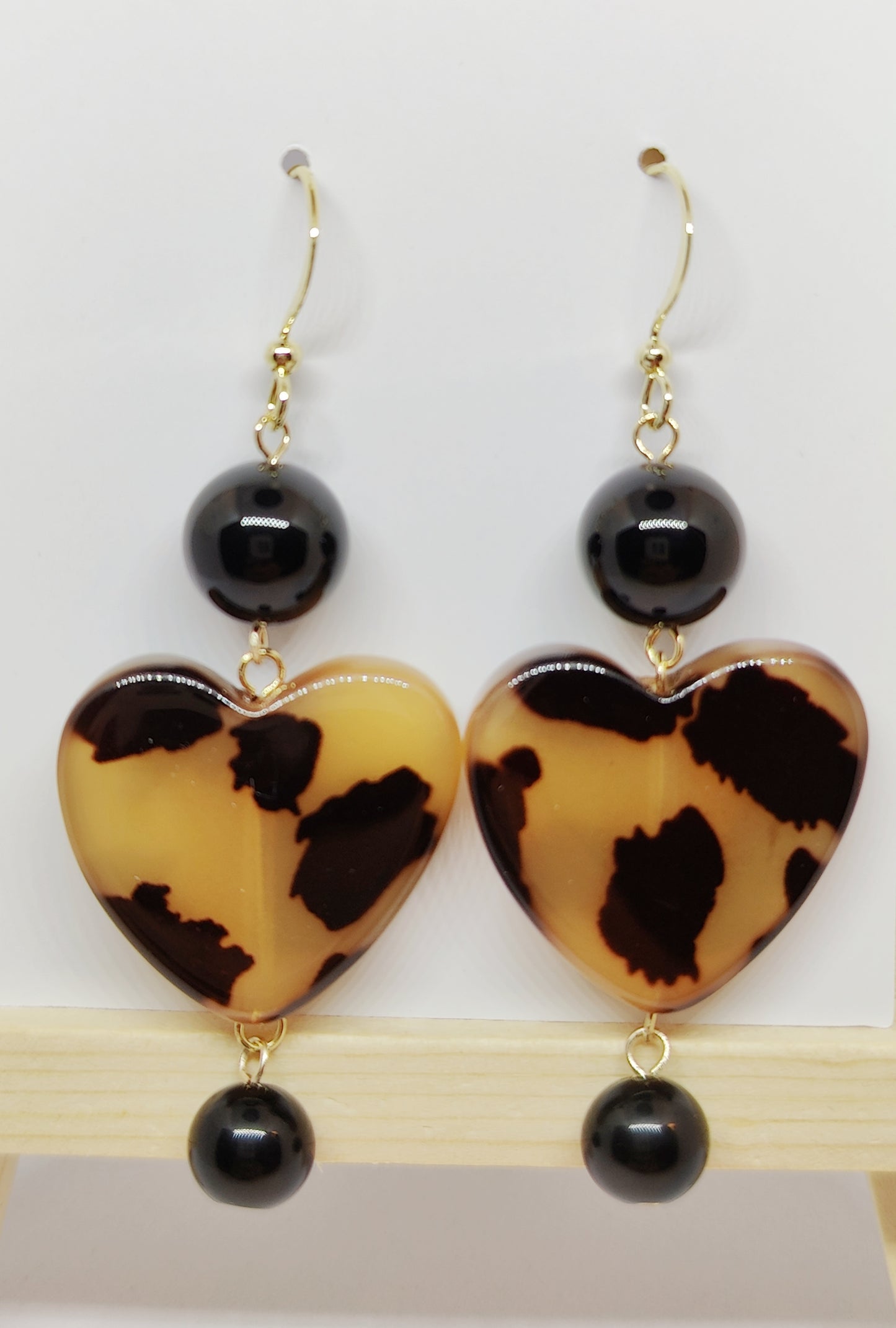 Obsidian Bead Earrings with Acrylic Leopard Pattern Heart Pendant