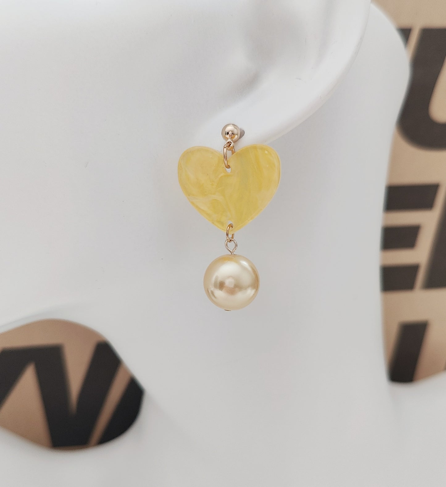 Yellow Acrylic Heart Pendant with Gold-Color Glass-Pearl Earrings