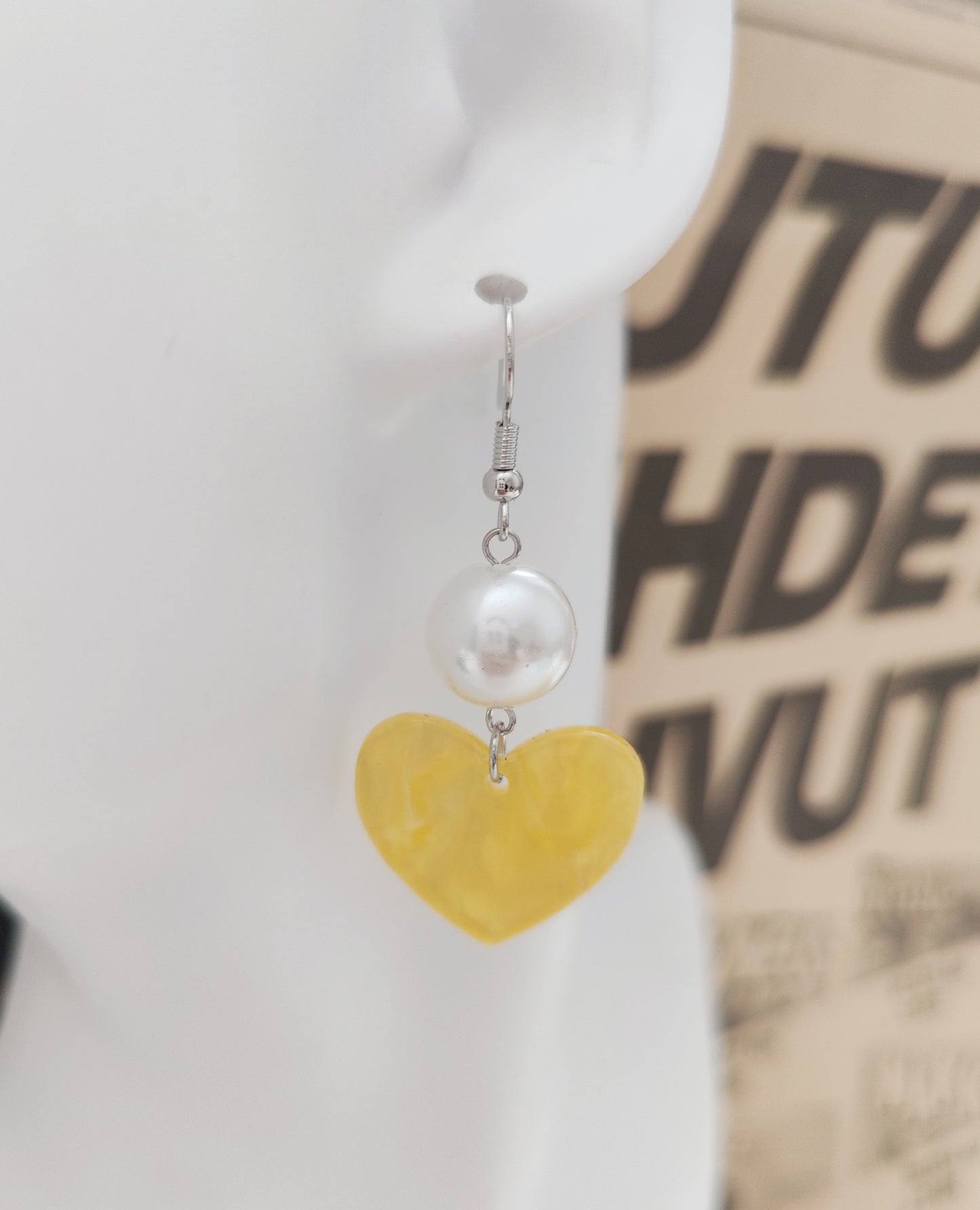 Yellow Acrylic Heart Shell-Pearl Earrings