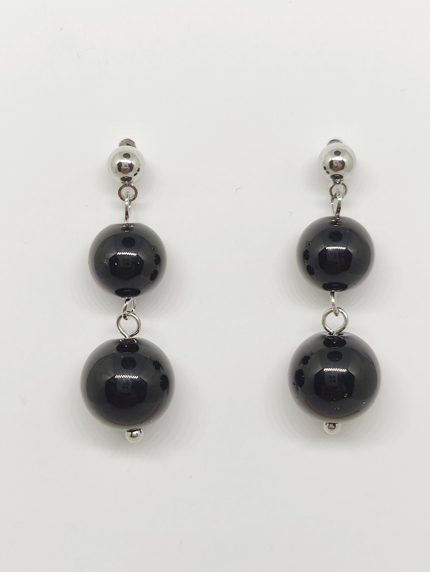 Double Obsidian Bead Stud Earrings (White-Gold-Color)