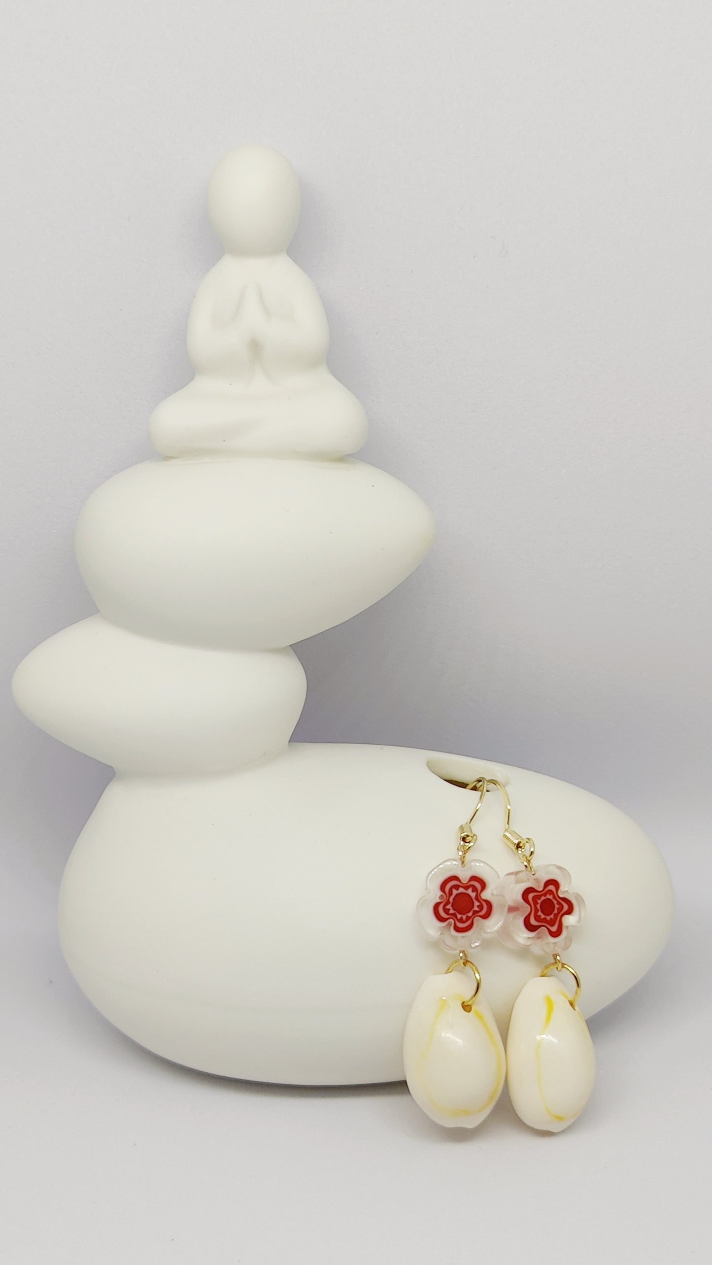 Crimson Blossom Glass Flower Bead and Shell Earrings