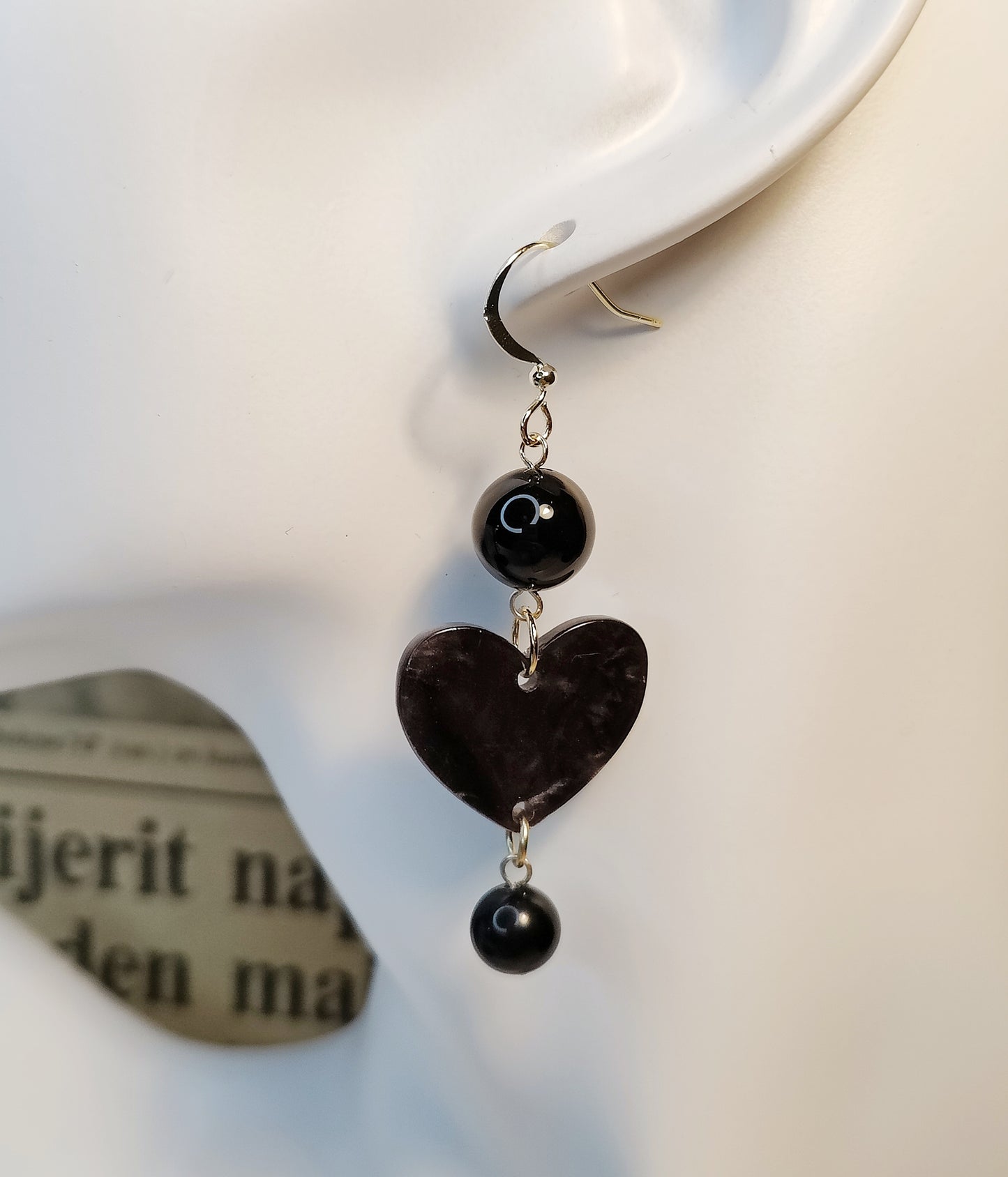 Obsidian Bead Earrings with Acrylic Black Heart Pendant Earrings