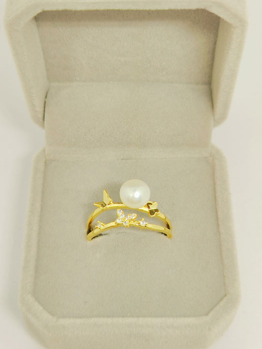 Double Row Gold-Plated Copper Ring with Butterfly Zircon and Pearl (Size Adjustable)