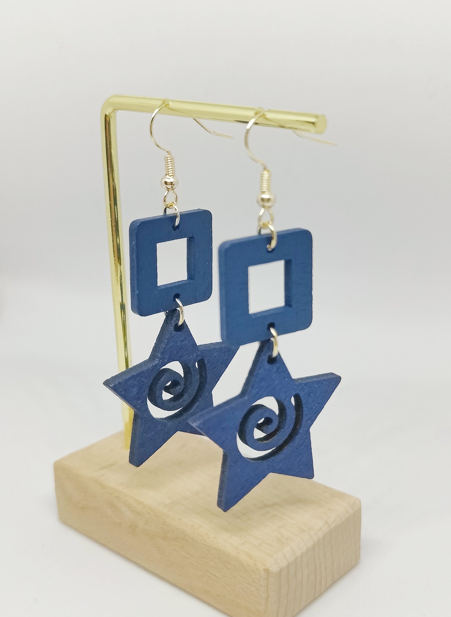 Charming Blue Wooden Square and Hollow Star Earrings