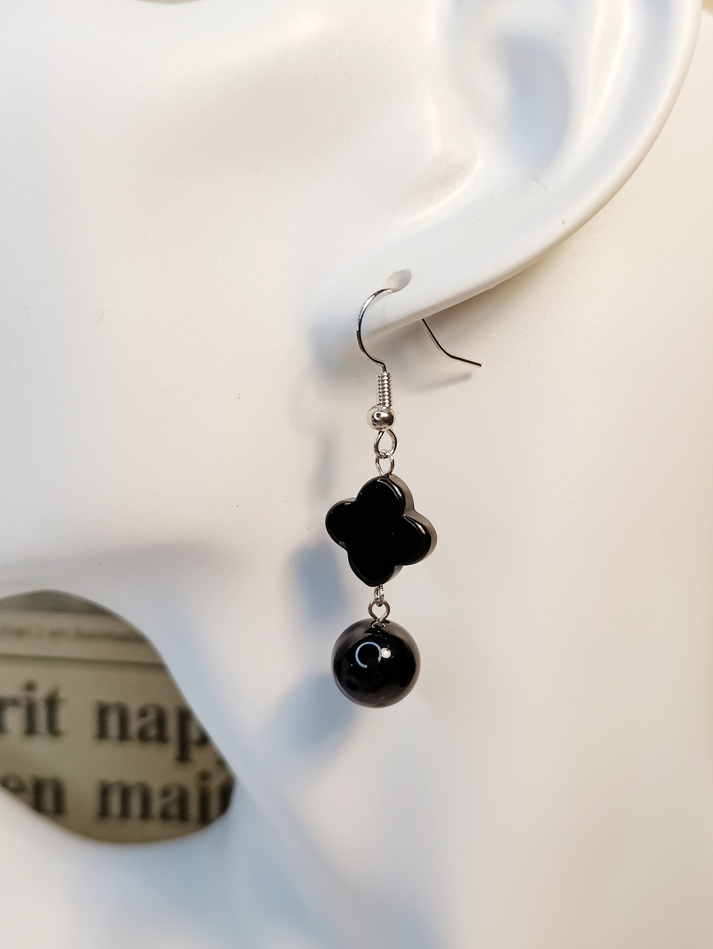 Obsidian Four-Leaf Clover and Round Bead Earrings