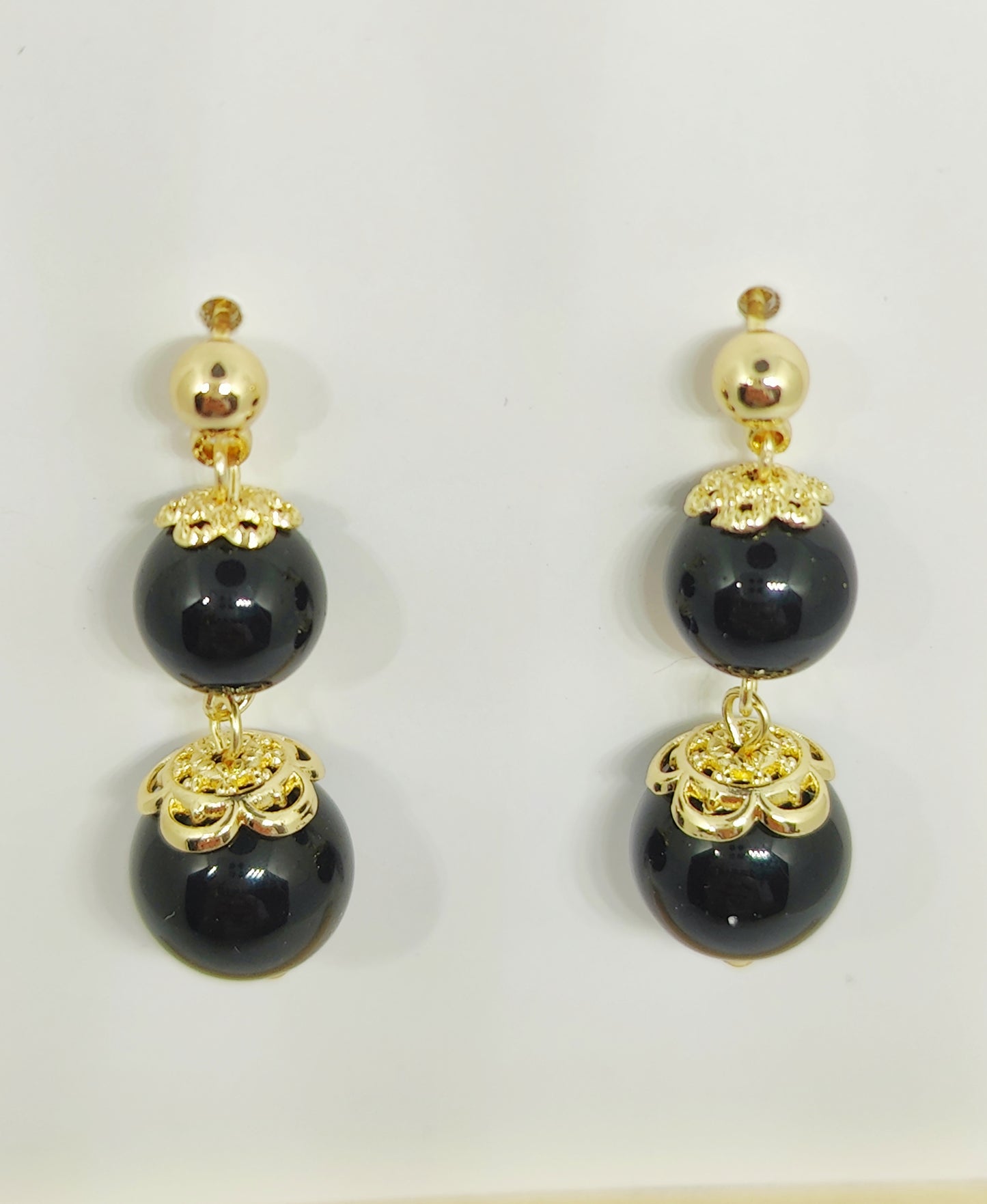 Double Obsidian Bead Stud Earrings (Golden)