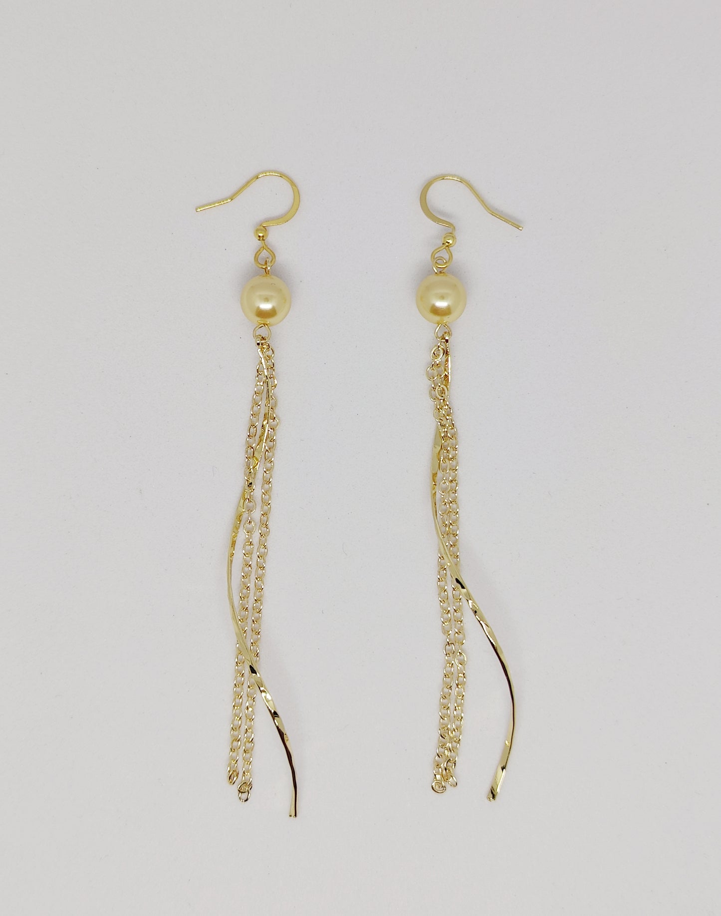 Gold-Color Glass-Pearl S-Shaped Pendant Double Chain Earrings