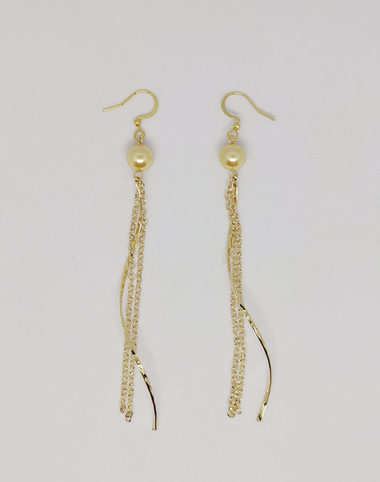 Gold-Color Glass-Pearl S-Shaped Pendant Double Chain Earrings